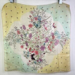Vintage 60s square silk scarf garden floral butterflies painted hand rolled edge